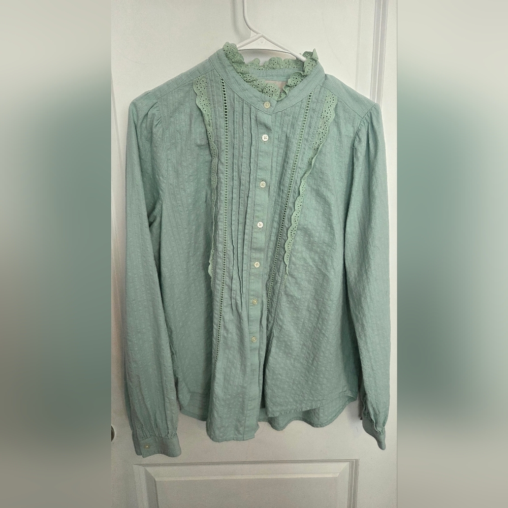 LOFT Light Green Button-Up Blouse with Lace Trim